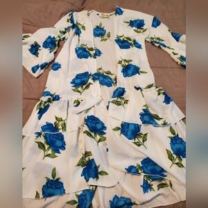 Love Story White Cardigan Women Blue Roses Ruffle Layered Hem Beach Boho Large